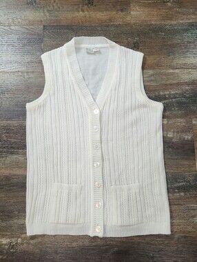 Vintage 60s/70s Ivory Cable-Knit Button-Up Sweater Vest with Pockets